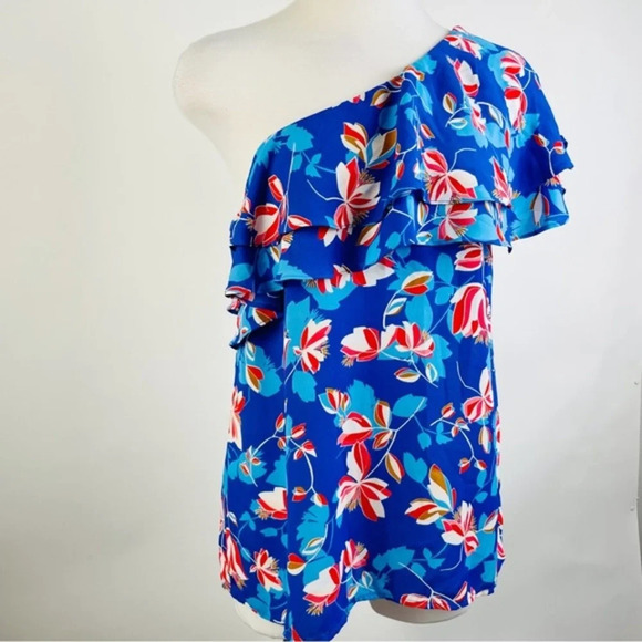 Rose + Olive Floral Blue One Shoulder‎ Flounce Top Size Small - Picture 3 of 7
